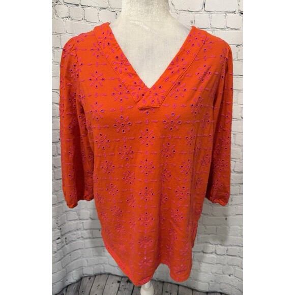 J. Jill Tops - J Jill Womens Tunic Top Orange Pink Eyelet 3/4 Sleeves Cotton V Neck Blouse S